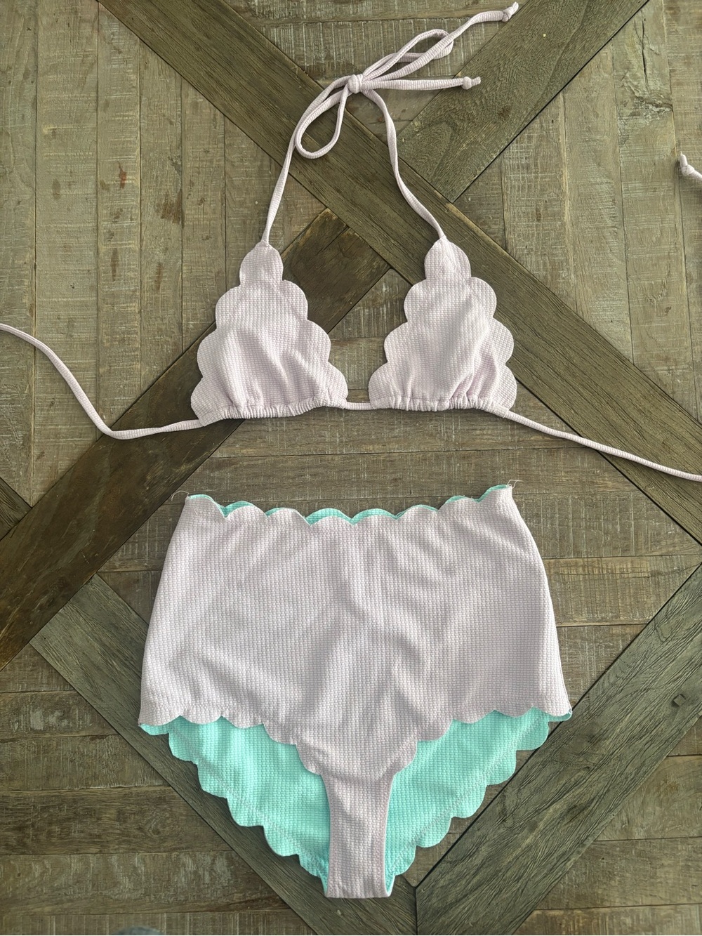 Scalloped High-Waist Bikini Set - White & Mint